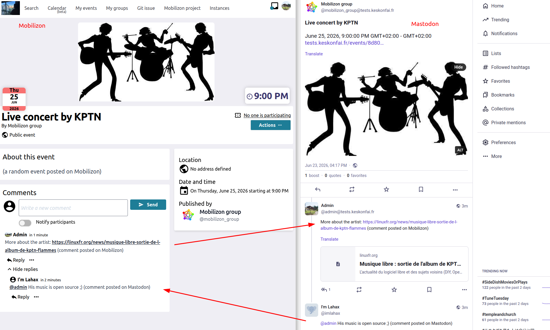 image: Comments between Mobilizon and Mastodon