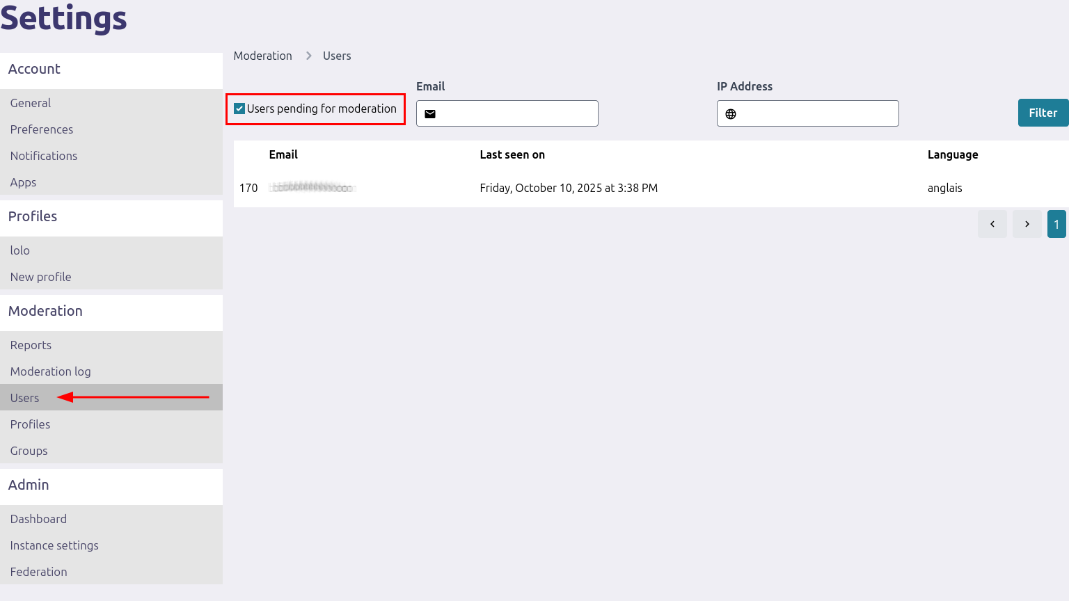 Users list for pending users