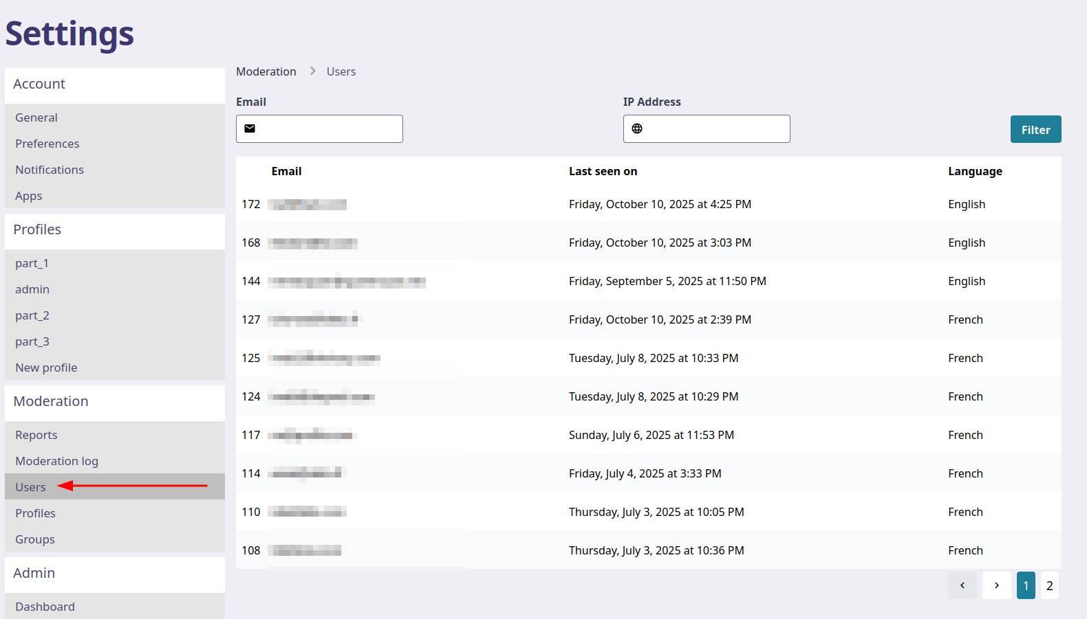 Users list